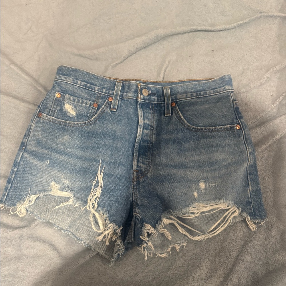 Levi's Light Blue Frayed Denim Shorts